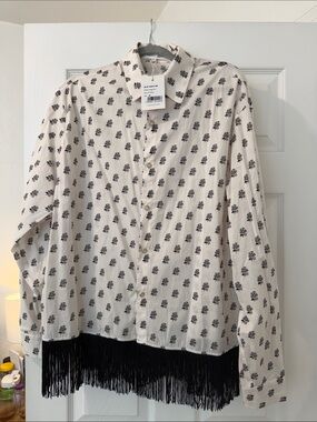 Fringed Hem Button-Up Blouse in Cream and Black